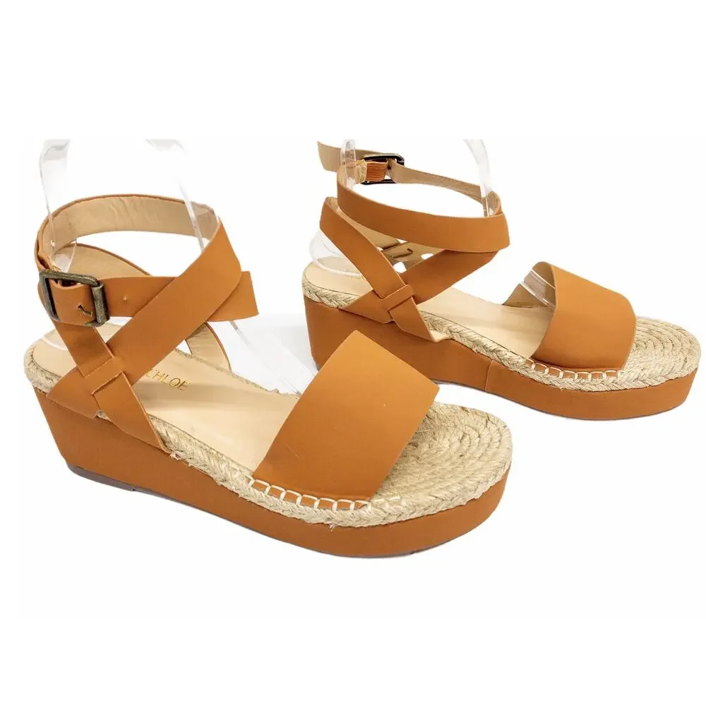 Chase + Chloe Gaston-5 Tan Nubuck Wedge Espadrille Sandals Women's 7.5